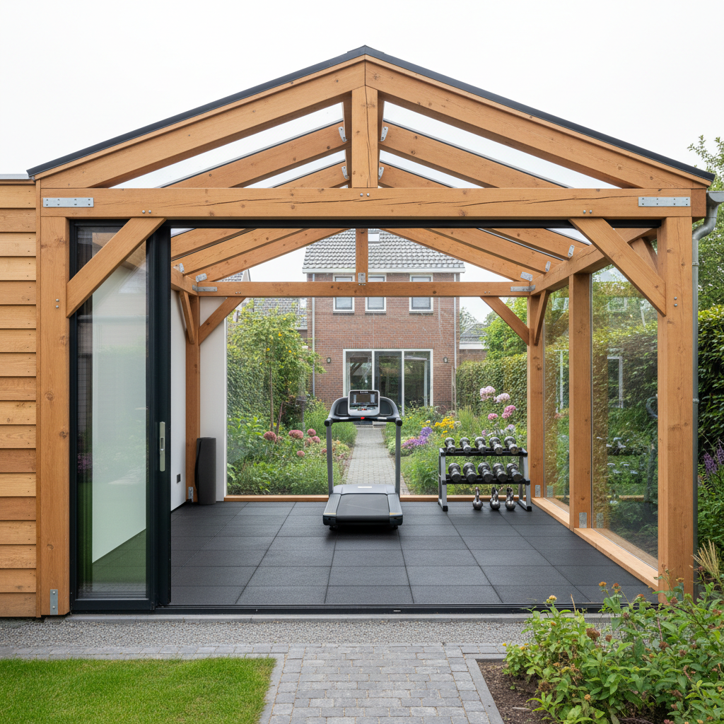 Houten trainingsruimte met rubbervloer, loopband en krachtrek in een Nederlandse tuin.