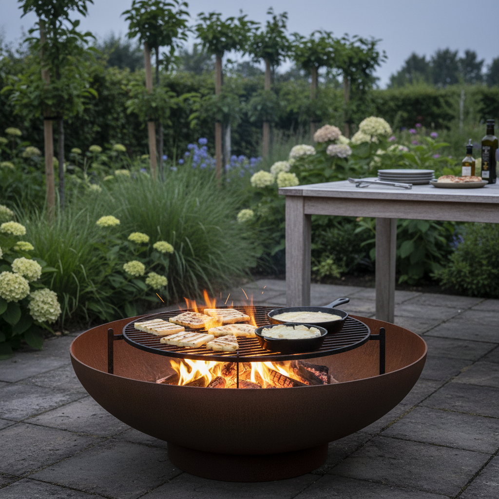 Halloumi en zachte kaas worden boven gloeiende kooltjes in een vuurschaal op een stenen terras bereid.