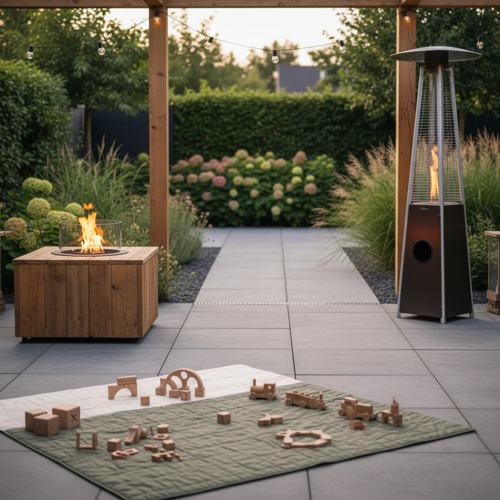 Terras met een steigerhouten vuurtafel, een pelletkachel en een duidelijk afgescheiden speelplek.