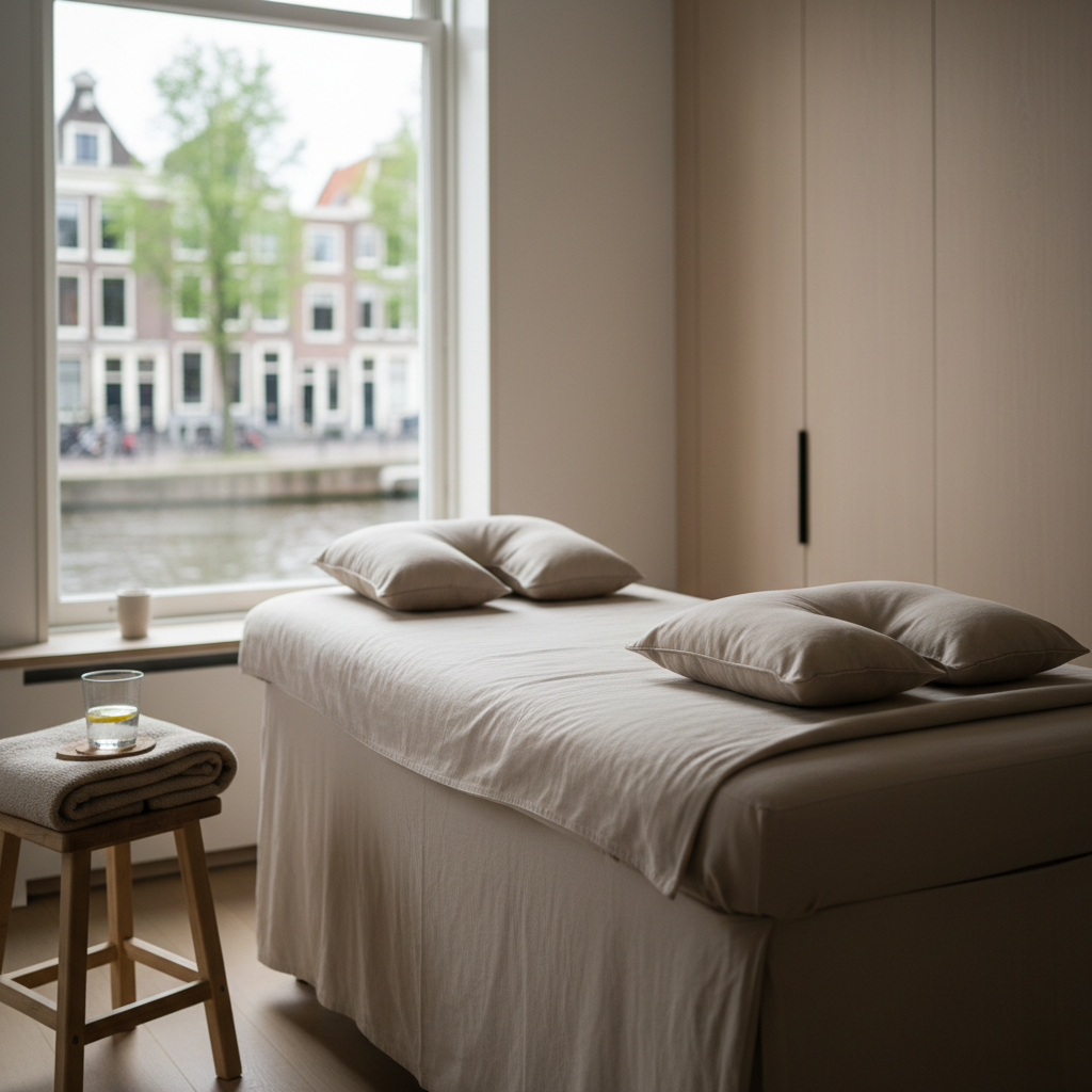 Rustige massageruimte in Amsterdam met zachte kussens, natuurlijk licht en een opgevouwen babydeken.