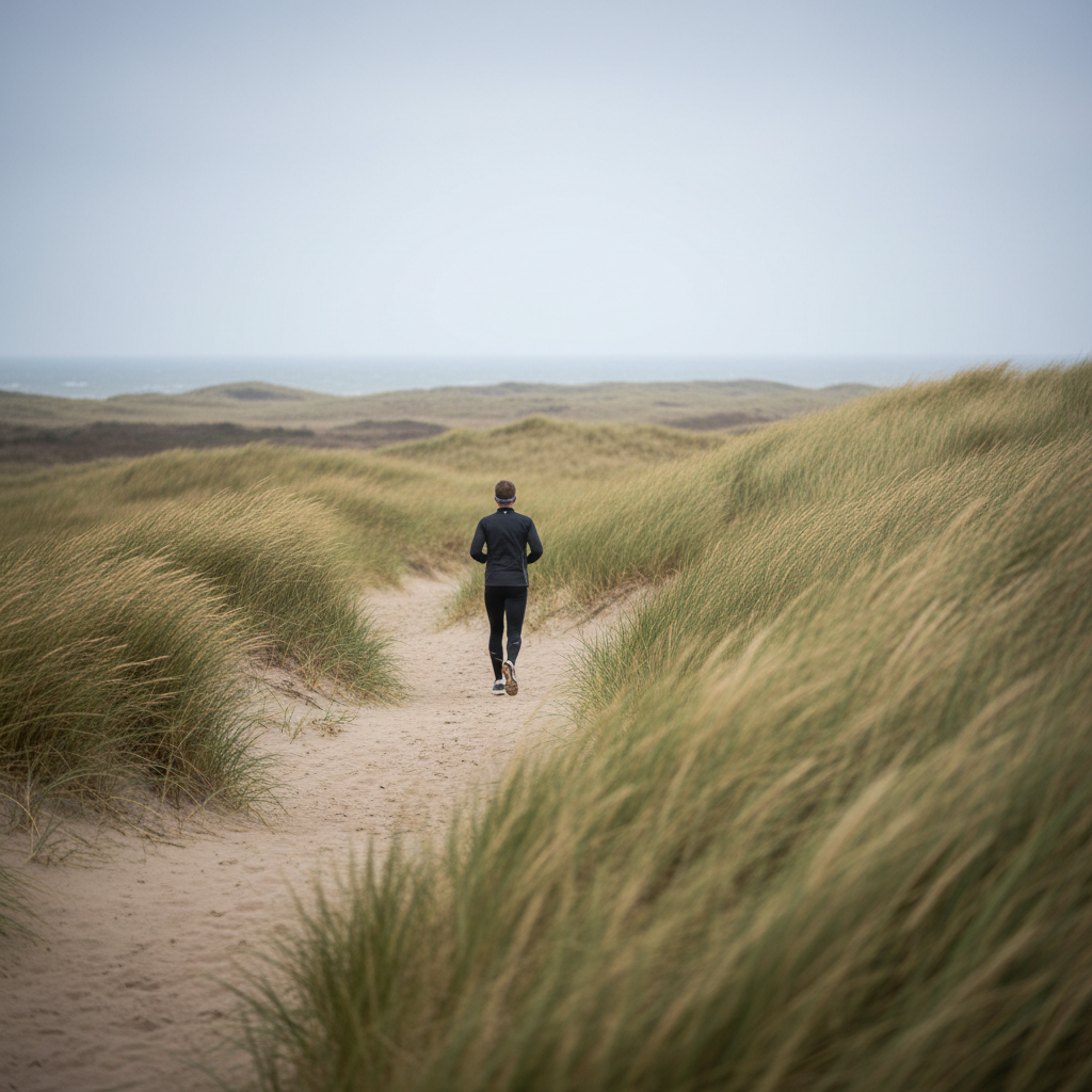 Hardloper op een winderig duinpad op Texel met helmgras en bewolkte lucht.